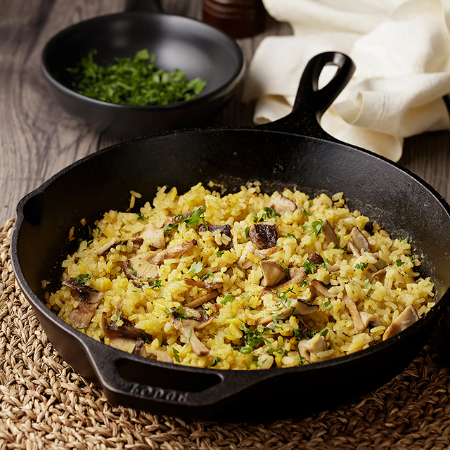 Baked Saffron Rice with Courgette Steak and mushroom miso sauce