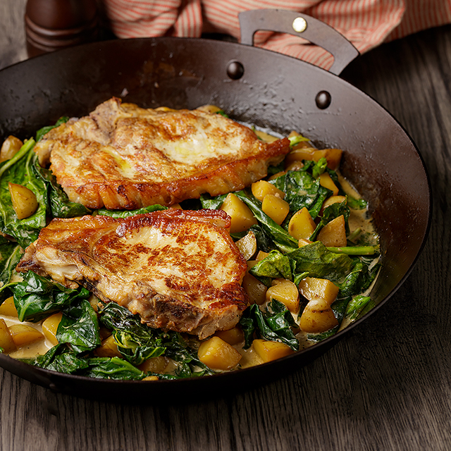 Easy One Pan Pork Chop Recipe| Garlic Herb Pork Chop with Creamy Potatoes and Spring Greens