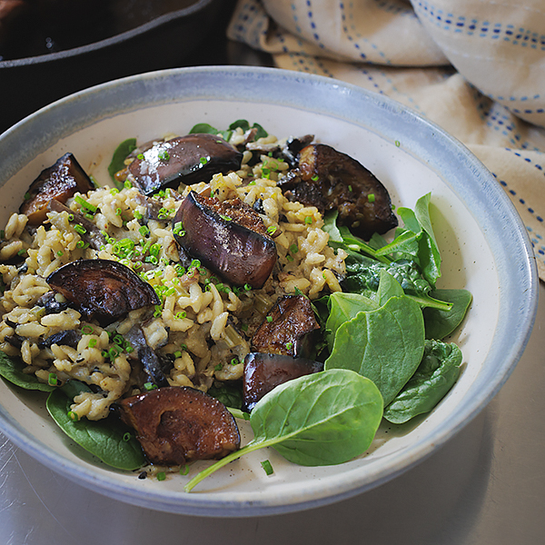 Ultimate Vegan Miso Mushroom Risotto with Grilled Aubergine