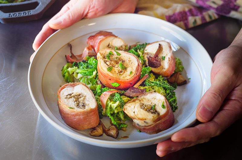 Serrano-Wrapped Shiitake-Stuffed Chicken with Buttered Savoy Cabbage
