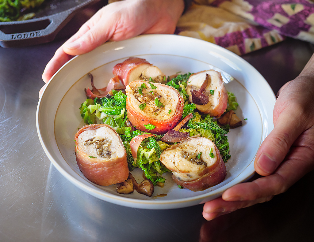 Serrano-Wrapped Shiitake-Stuffed Chicken with Buttered Savoy Cabbage