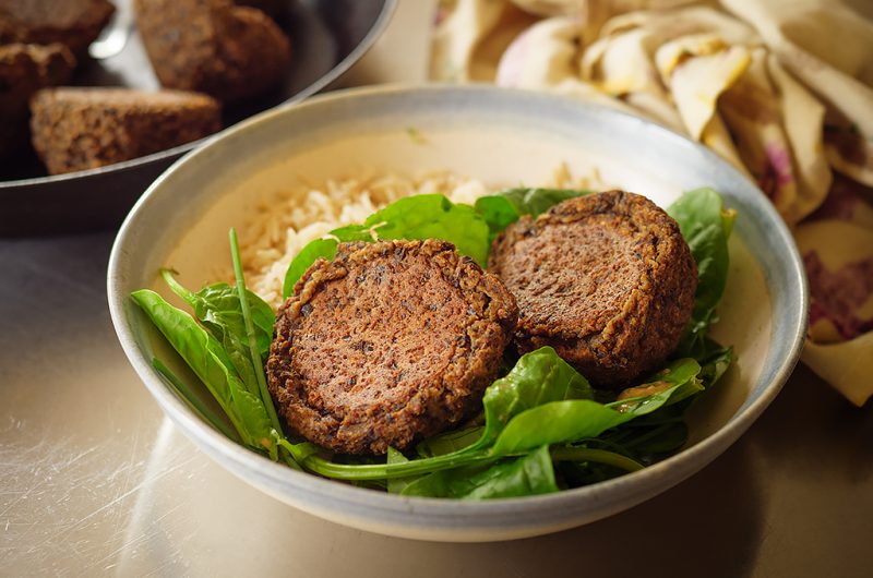 Umami-Rich Vegan Meatballs on Brown Basmati with a Miso Kick
