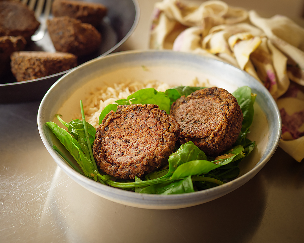 Umami-Rich Vegan Meatballs on Brown Basmati with a Miso Kick