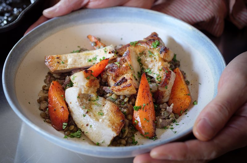Crispy Pork Chops Paired with Hearty Bacon Lentils