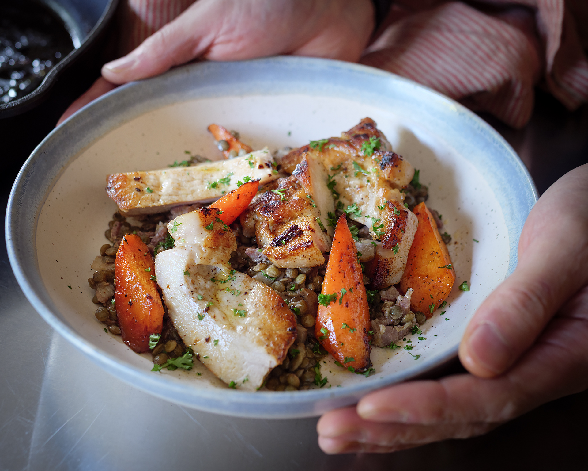 Crispy Pork Chops Paired with Hearty Bacon Lentils