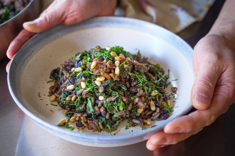 Miso-Infused Black Bean Risotto with Savoy Cabbage & Pine Nuts