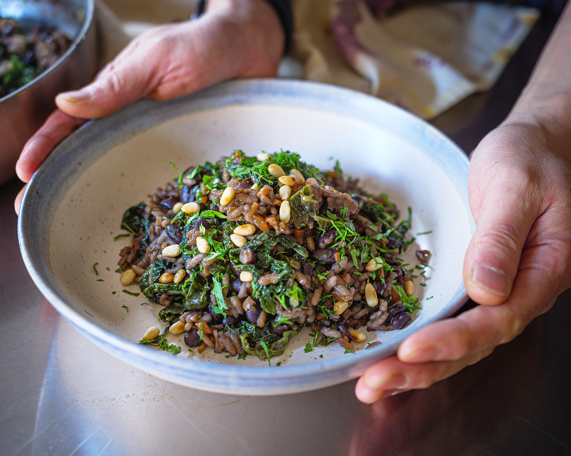 Miso-Infused Black Bean Risotto with Savoy Cabbage & Pine Nuts