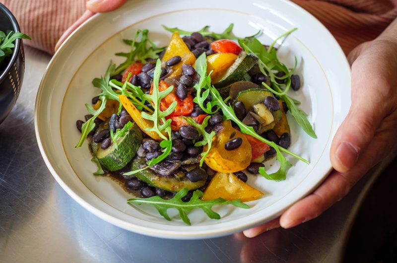 Hearty Warm Black Bean Salad with Miso & Roasted Veggies