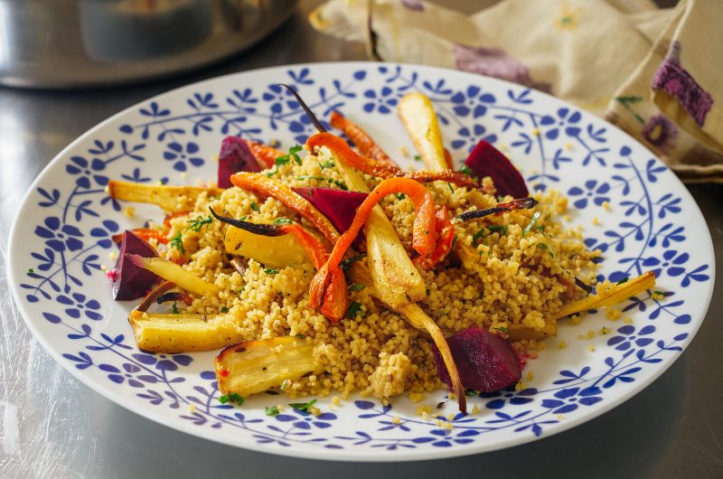 Roasted Carrot & Parsnip with Miso Couscous