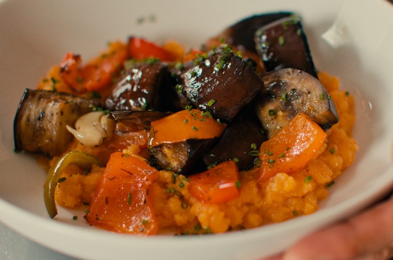 Roasted Aubergine & Pepper with Creamy Swede Carrot Purée