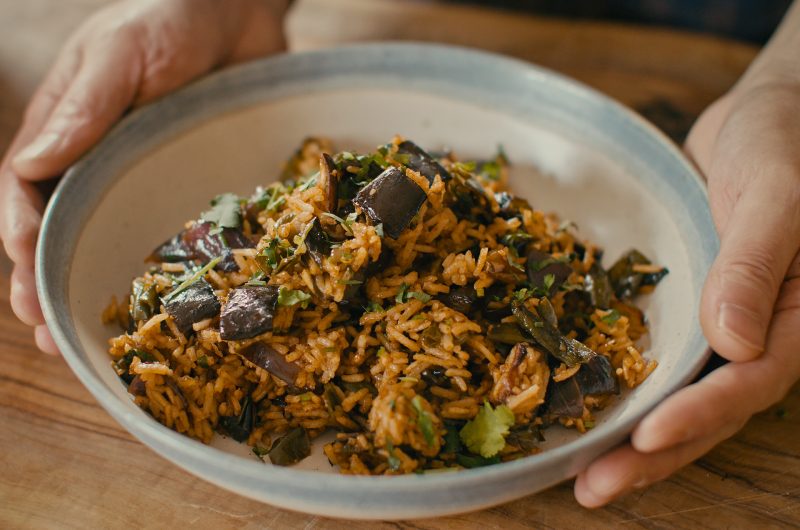 Gochujang Roasted Aubergine and padron pepper rice bowl