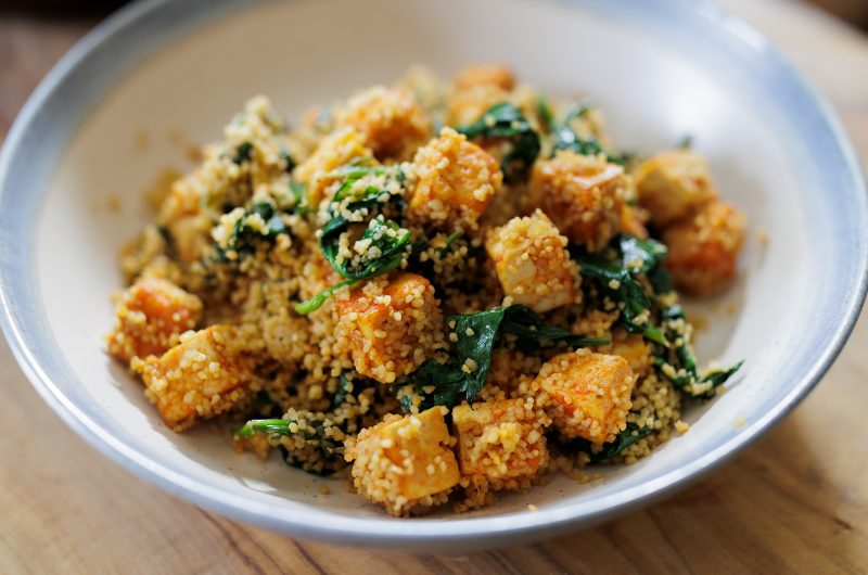 Crispy Gochujang Tofu with Spinach And Couscous Bowl