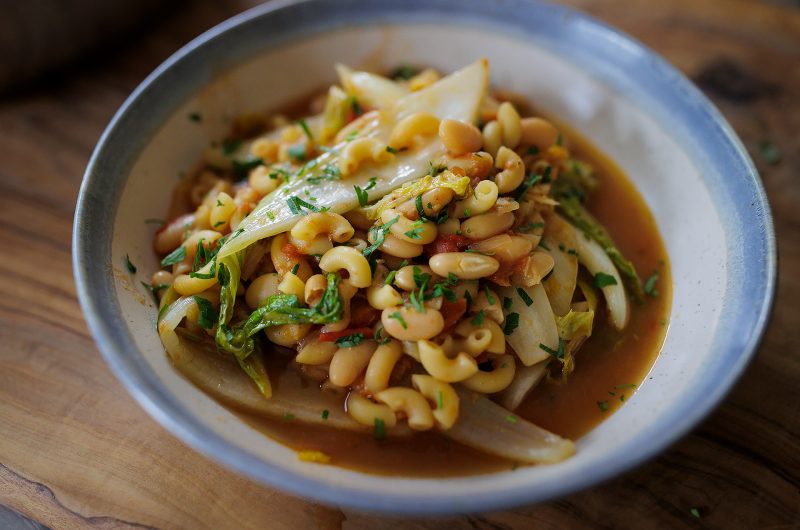 Miso white beans,tomatoes and macaroni with chinese cabbage