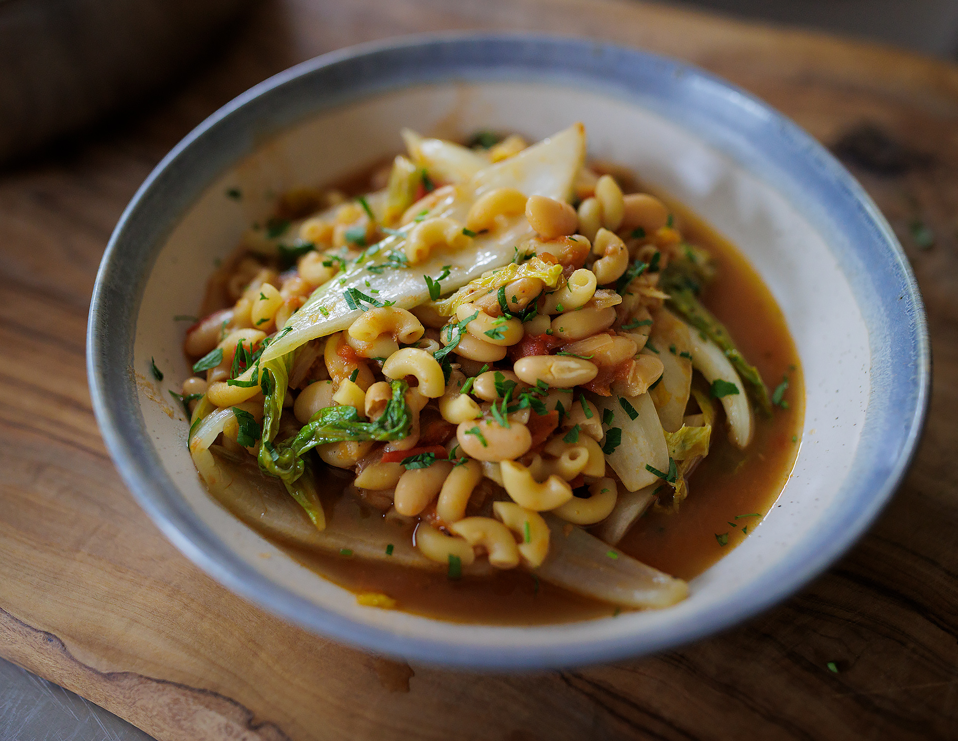Miso white beans,tomatoes and macaroni with chinese cabbage