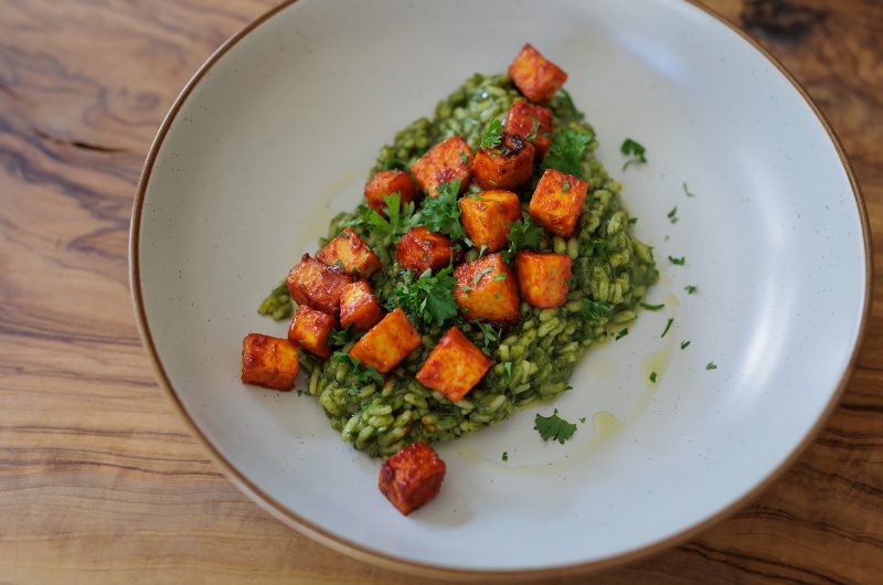 Vegan Green Risotto with Gochujang fried tofu