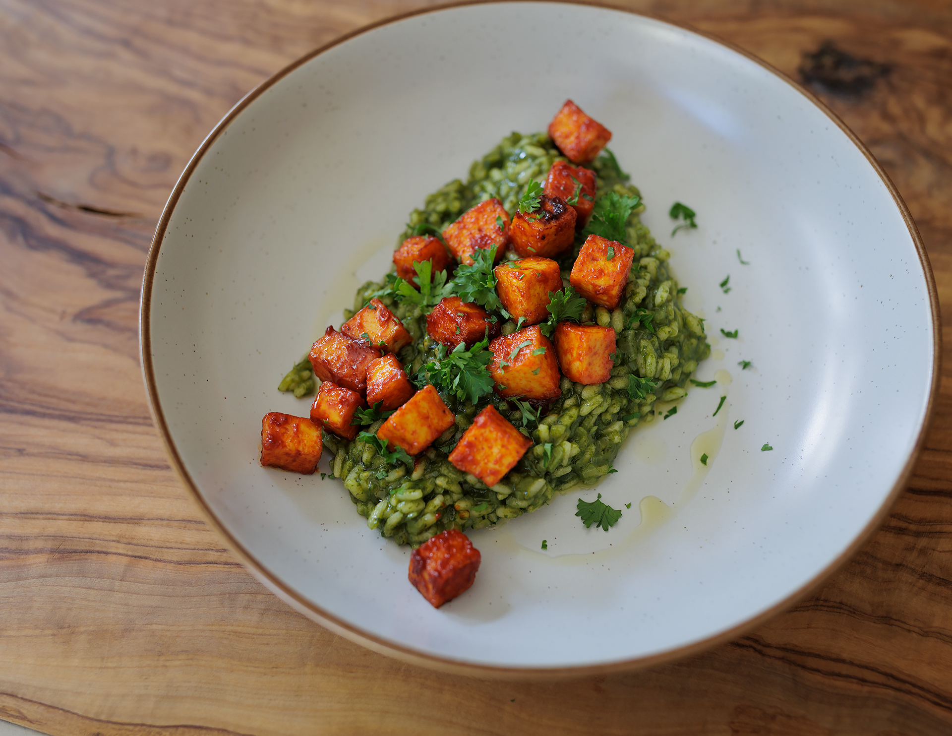 Easy Vegan Green Risotto with Gochujang fried tofu