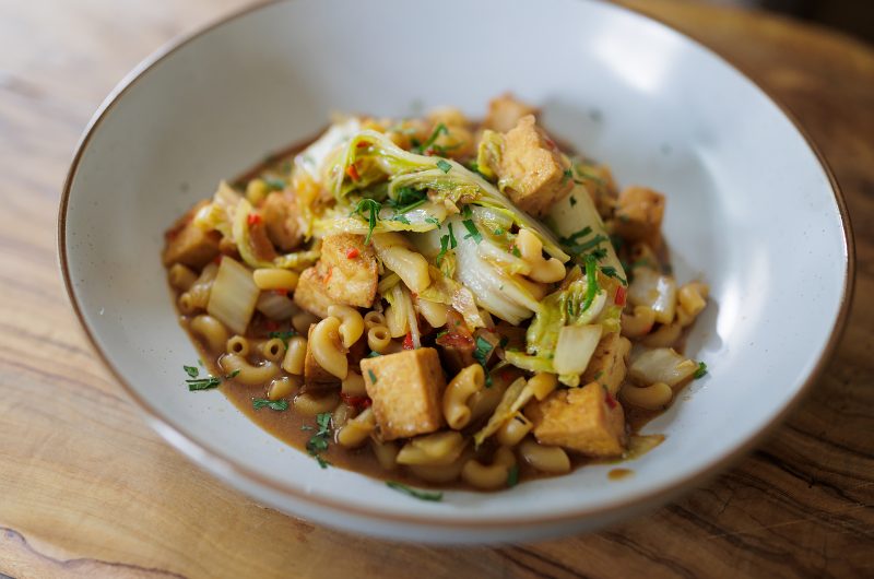 One Pot Vegan Miso Tofu and Chinese Cabbage Pasta