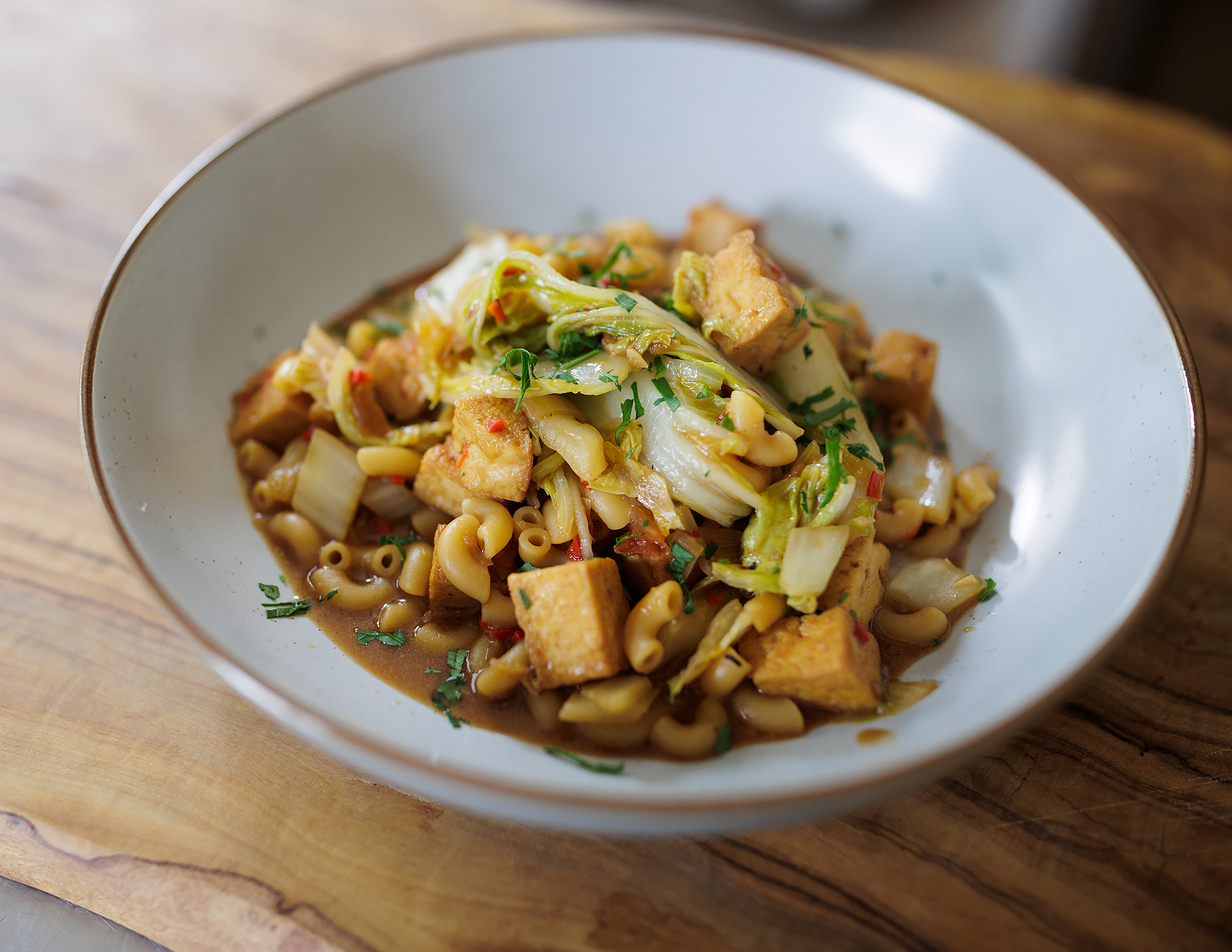 One Pot Vegan Miso Tofu and Chinese Cabbage Pasta