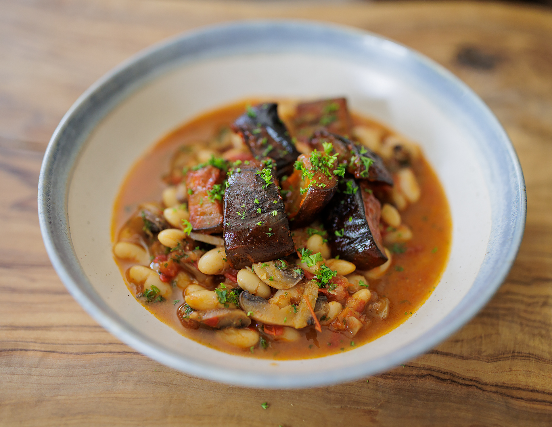 Vegan Miso Cannellini Bean mushroom Stew with Gochujang Aubergine