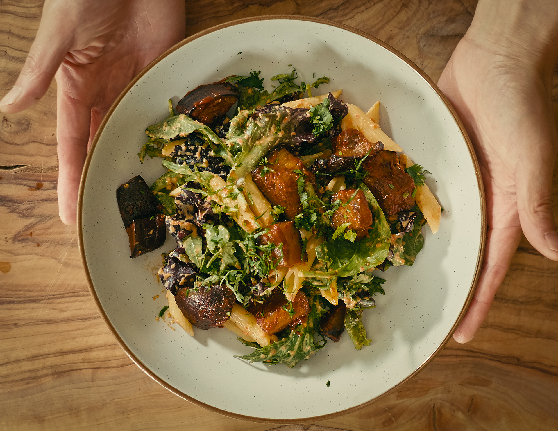 vegan penne pasta salad with gochujang aubergine