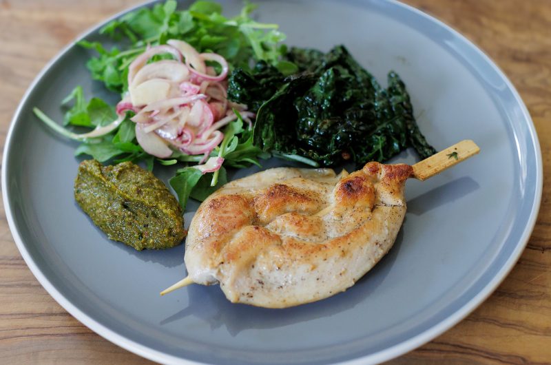 Easy Chicken Skewers with Spicy Peanut Sauce & Fresh Rocket